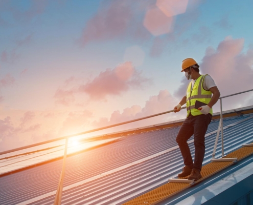 Image of a worker inspecting a commercial roof.
