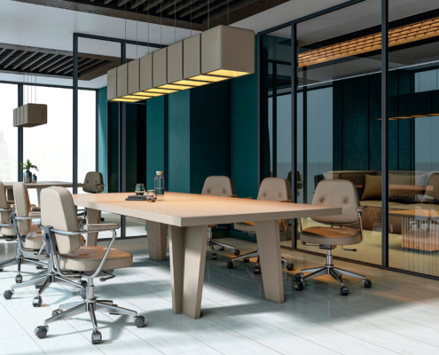 Modern empty office conference room with beige chairs