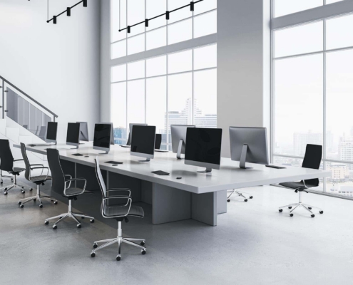 Side view of a modern white commercial office space